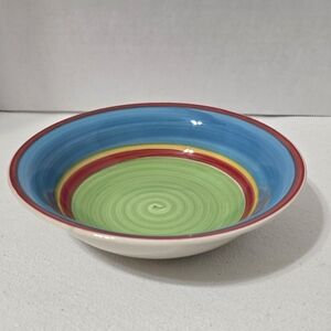 RARE"Royal Norfolk Soup/Cereal Bowl Green Ctr Red/Yellow/Blue Bands Red Rim EUC